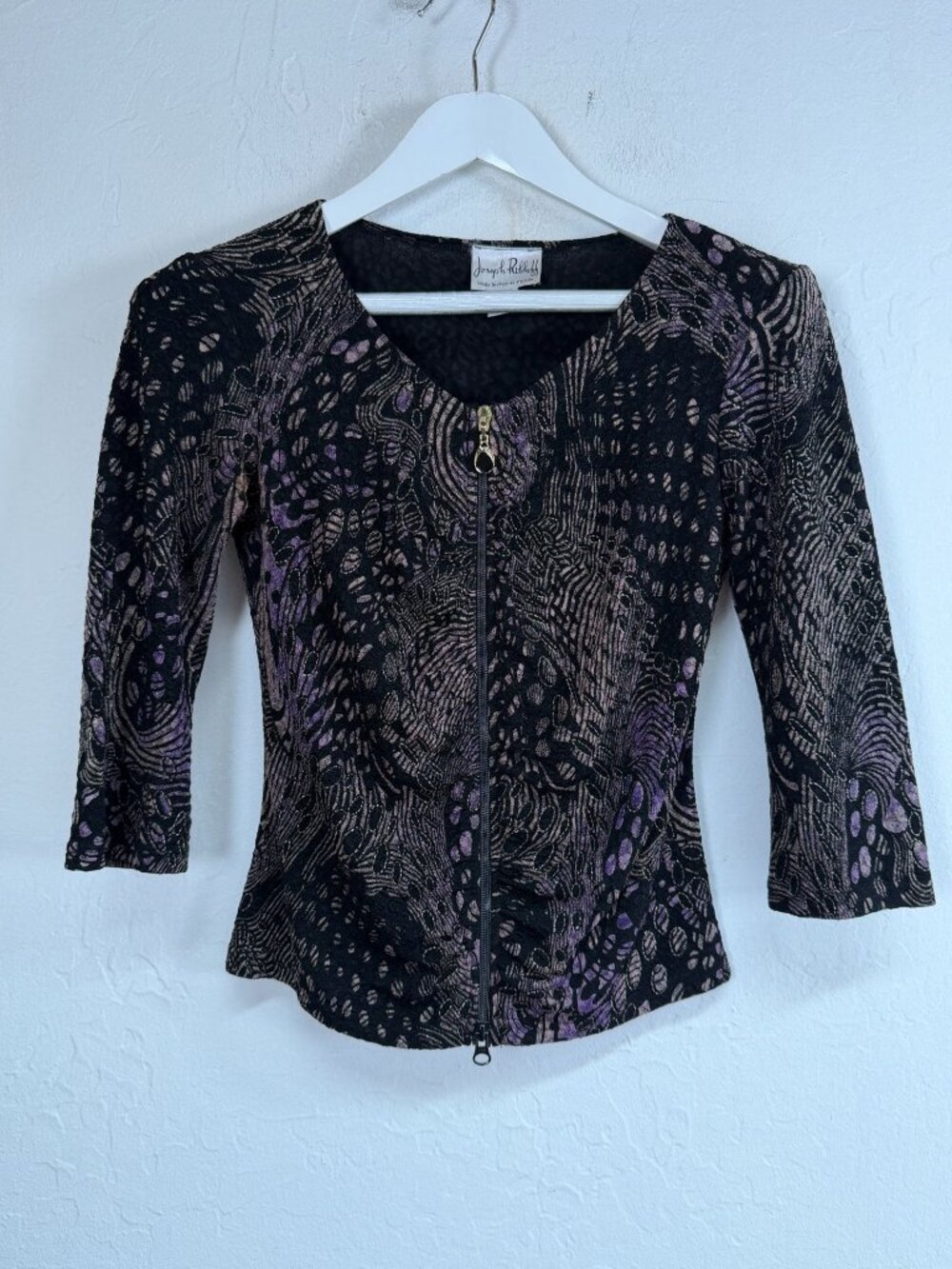 Joseph Ribkoff Womens Textured Abstract Cardigan Jacket Metallic Zip Top Size 4